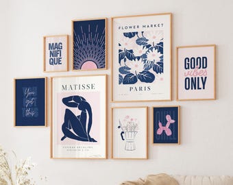 Pink & Navy blue print set of 35 printable gallery wall bundle trendy dorm decor matisse flower aesthetic living room decor boho floral art
