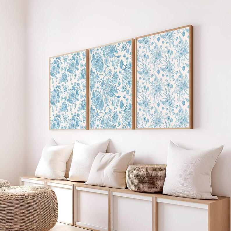 Blue Chinoiserie Floral Print Set: Vintage Botanical Wall Art (digital ...