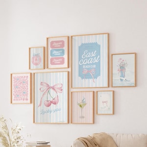 Trendy Küsten Wand Kunst blau rosa Bogen Print 9er Set kokette Wohnheim Dekor gestreift beachy Poster jugendlich Mädchen Schlafzimmer druckbare süße Strandkunst