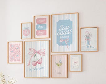 Coquette Dorm Decor: Blue & Pink Coastal Wall Art Prints (Set of 9) (Digital Download)