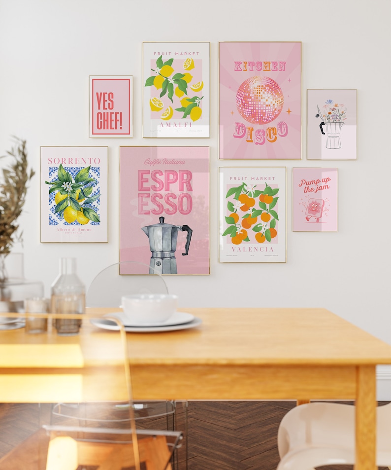 Colourful Kitchen gallery wall set of 6 print set modern kitchen decor printable kitchen aesthetic posters pink orange dining room wall art image 2