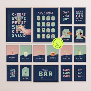 Moderne Bar Wand Kunst druckbare rosa und salbeigrüne Bar Galeriewand Set mit 18 Retro Bar Cart Print Cocktail Print Set trendiges Bar Schild Poster