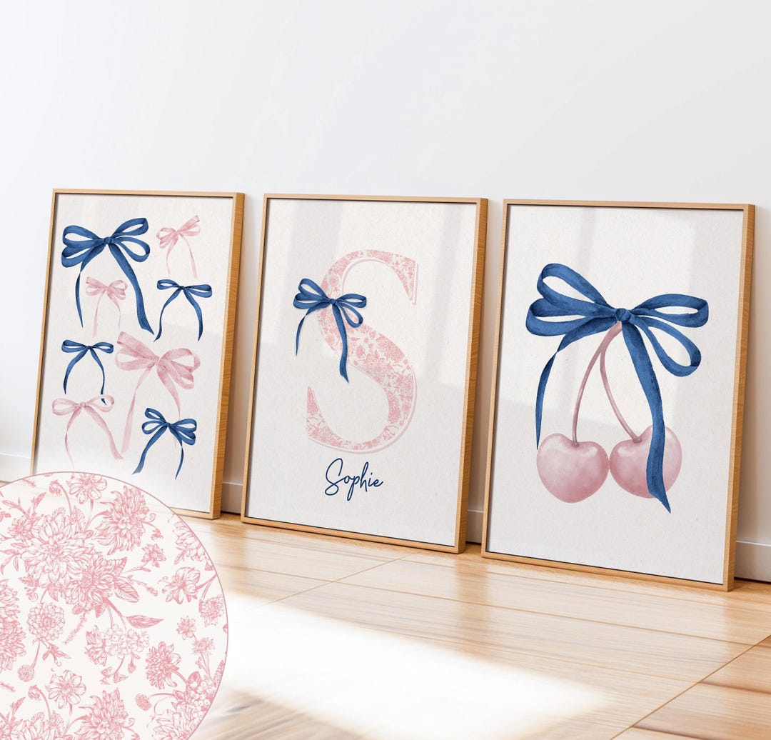 Navy Blue Pink Bow Poster Set of 3 Custom Name Initial Print Printable ...