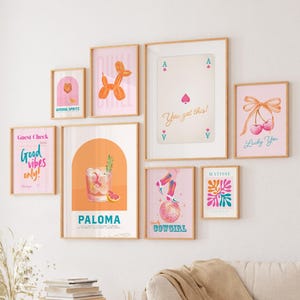 Colourful wall art set of 9 trendy dorm room decor preppy aesthetic gallery pink orange teal blue teen girls bedroom poster dopamine decor