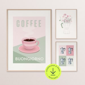 Impresiones de café Pink Sage Green Wall Art galería de café conjunto de 3 Moka Pot con flores taza de café imprimir carteles de cafetería de moda Cafetería