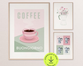 Coffee Print Set: Pink, Sage Green Moka Pot Art (Digital Download)