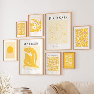 Set di 8 stampe da parete con galleria gialla, stile metà secolo moderno, astratto, stampabile, poster estetica boho alla moda, stampa floreale, mazzo di fiori di Matisse