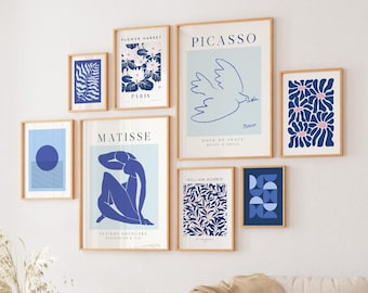 Blauwe galerijmuurkunstset: moderne abstracte prints, afdrukbare bundel (digitale download)