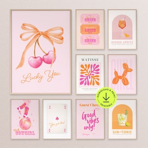 Conjunto de 9 impresiones de arte de pared en color rosa y naranja, decoración moderna para dormitorio, galería de estética preppy, póster para dormitorio de adolescentes, arte imprimible para apartamento.