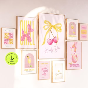 Conjunto de 9 piezas de arte de pared en rosa y amarillo, decoración moderna para dormitorio, galería de estética preppy, paquete de impresiones, póster para dormitorio de chicas adolescentes, arte para apartamento imprimible