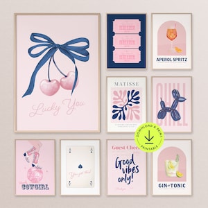 Juego de 9 impresiones de arte de pared en rosa y azul marino para decorar dormitorios, galerías de estética preppy, pósteres modernos para dormitorios de adolescentes y apartamentos.