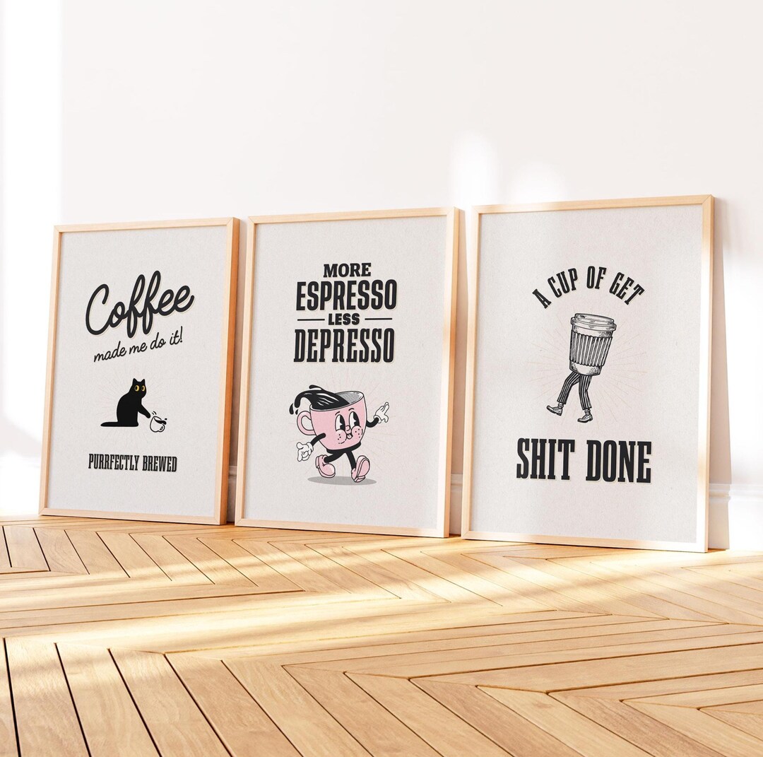 set of 6 kitchen prints coffee print set kitchen art... Funny Retro Coffee Print Set: Kitchen Gallery Wall Art (digital ...