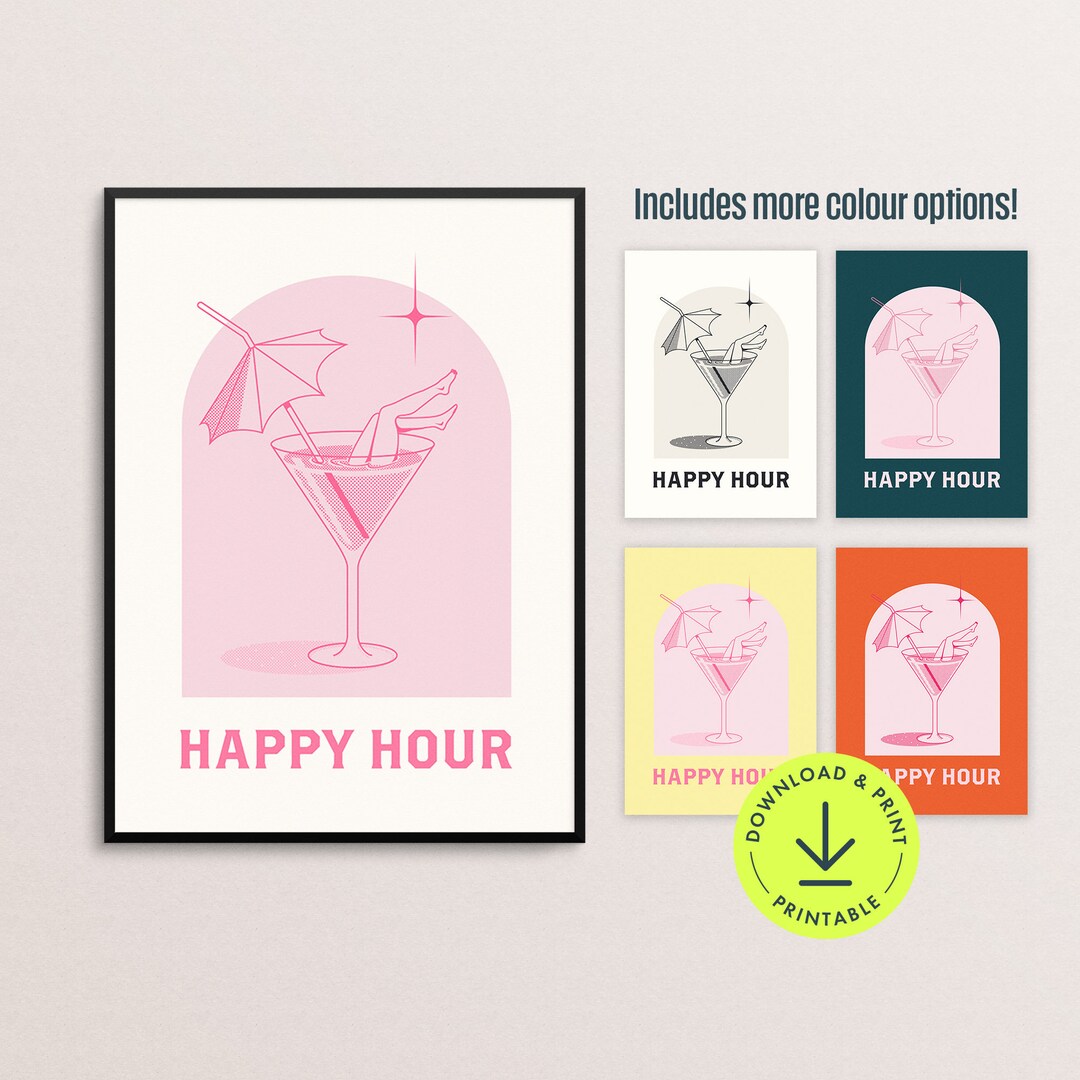 Happy Hour Wall Art Print Martini Preppy Bar Cart Retro Etsy