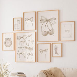 Trendy neutral bow print set of 9 printable bow wall art preppy college apartment poster beige nursery coquette dorm gift for girl bedroom