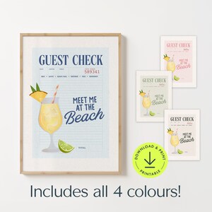 Funny quote art Meet me at the beach print trendy coastal wall art guest check poster Pina colada cocktail illustration retro kitchen poster