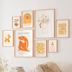 Orange art print set of 35 printable poster bundle trendy aesthetic orange gallery set flower print girls dorm decor floral art living room