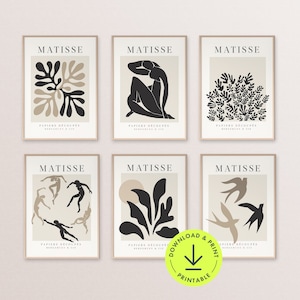 Ensemble de 6 impressions Matisse, impression murale neutre, noir beige, abstrait imprimable, galerie d'art mural, affiche Matisse, affiches esthétiques pour chambre à coucher