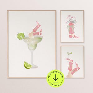 Koktajl Margarita nadmorski kowbojka wydruk różowo-zielony plakat z butami kowbojki do wydrukowania kokarda sztuka ścienna zabawny nadruk w barze modny wystrój wózka barowego