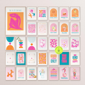 Colourful wall art print set trendy dorm room decor teen girls bedroom dopamine decor gallery maximalist printable pink orange teal blue art