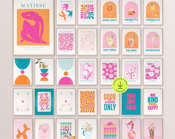 May include: A set of 20 printable wall art posters featuring abstract designs, floral patterns, and motivational quotes. The posters are in a retro style with a pink, orange, and turquoise colour scheme.