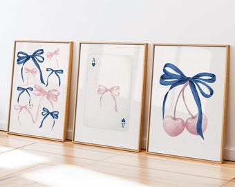 Coquette Bow Wall Art Set: Navy, Pink, Cherry Prints (Digital Download