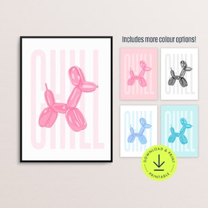 Póster de perro con globo colorido, arte de pared preppy rosa con estampado de perro, estilo retro de los años 70, arte de pared moderno, decoración para dormitorio de adolescentes y chicas universitarias.