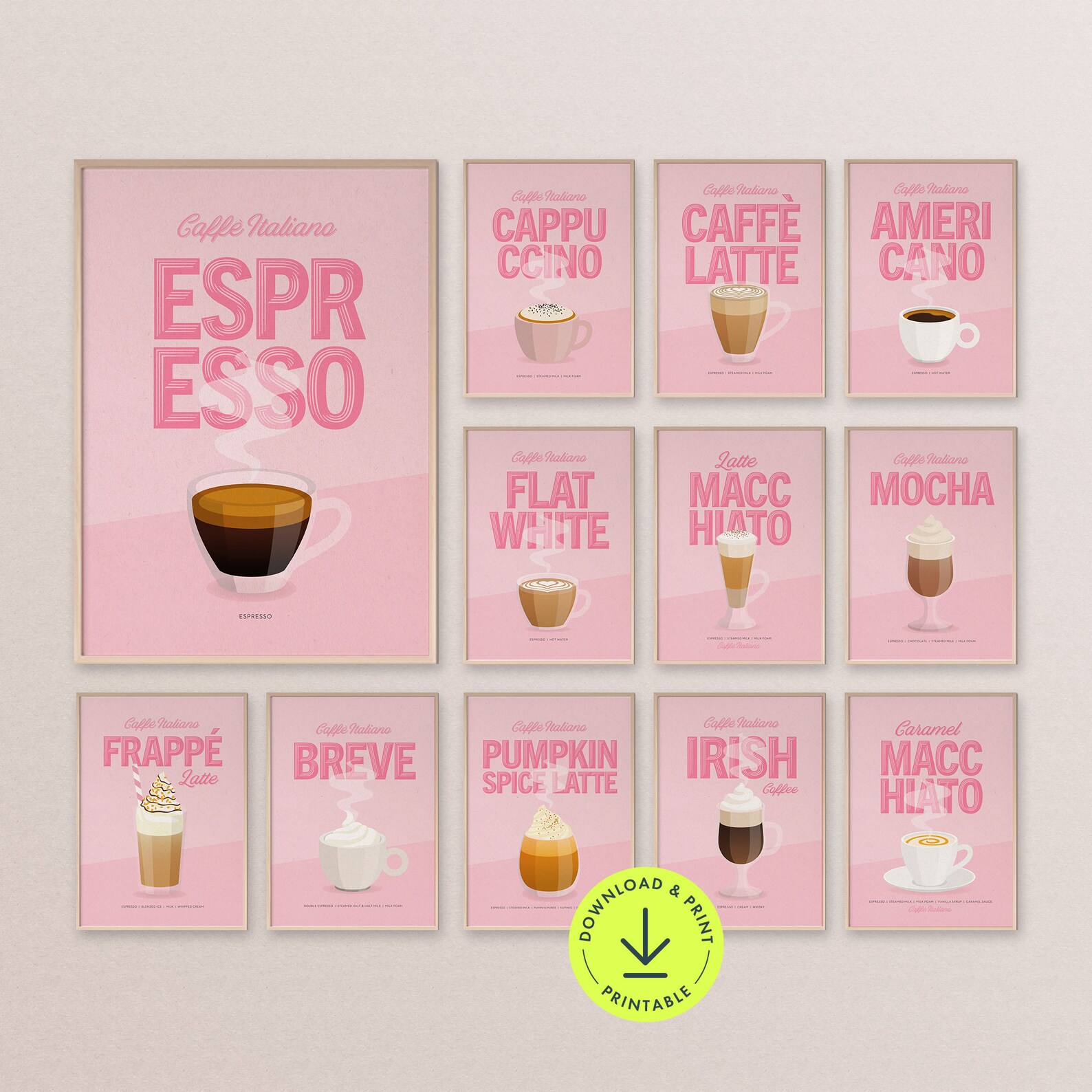 set of 8 kitchen prints, coffee print set, fork spoon... Pink Coffee Types Print Set: Kitchen Cafe Art (digital Download) - Etsy