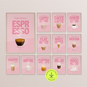 Conjunto de 12 impresiones de tipos de café rosa retro, arte de pared para galería de cocina, decoración de cafetería imprimible, póster de guía de café de moda, póster de cafetería espresso