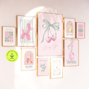 Dorm room decor print set of 9 pink sage green preppy aesthetic poster trendy coquette bow wall art cocktail print cowgirl decor guest check