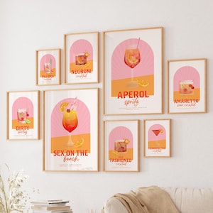 Conjunto de 18 pósteres de cócteles imprimibles, arte moderno para pared de barra de cocina, paquete de impresiones de cócteles de moda, arte de bebidas de verano en rosa y naranja colorido, estilo preppy