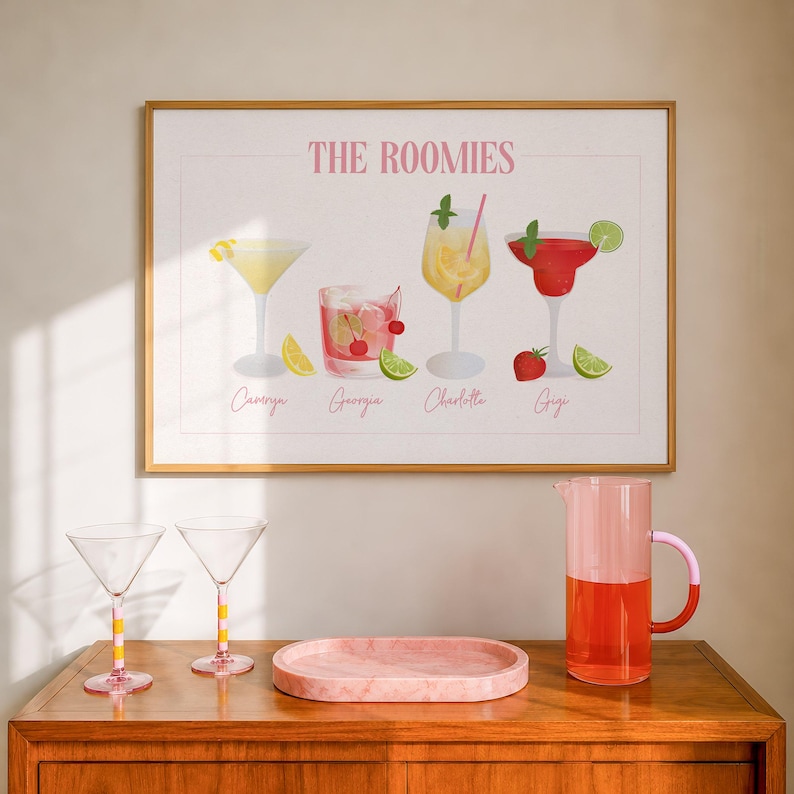Custom roommates cocktail drink print: Personalised dorm room decor college apartment name sign best friend gift (digital download) image 3