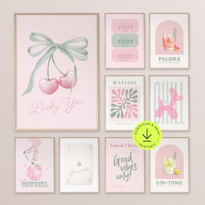 Ensemble de 9 oeuvres d'art murales rose pâle et vert sauge, décoration tendance de dortoir, esthétique preppy, impression d'impressions de chambre d'adolescentes, affiche appartement, chambre imprimable