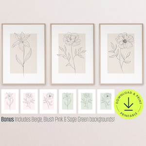 Neutral flower print Botanical line art flower wall art printable gallery wall set of 3 printable floral line art poster neutral wall art