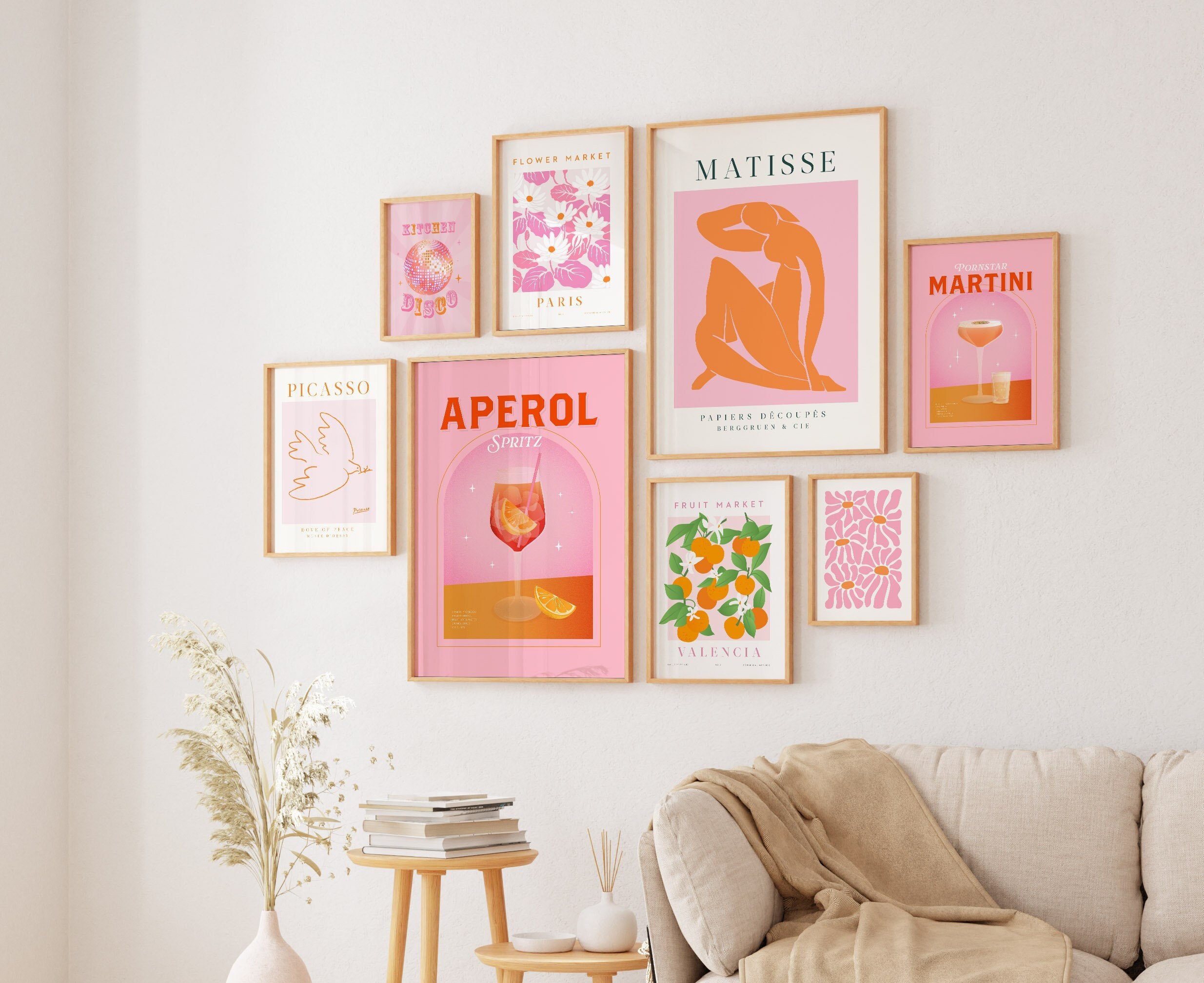 Pink orange gallery wall set of 8 eclectic modern abstract art printable kitchen wall decor trendy cocktail poster flower print dorm room