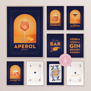 Set di 9 stampe per bar da casa, carrello da bar retrò, idea regalo per bevande vintage per arredamento da bar, poster di cocktail di metà secolo, arte murale con carte da gioco