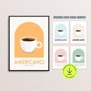 アメリカーノコーヒーの美的プリント、キッチンコーヒー、印刷可能なコーヒーギャラリーの壁、コーヒーショップの装飾、コーヒーレシピ、コーヒーバーアート、コーヒーステーション