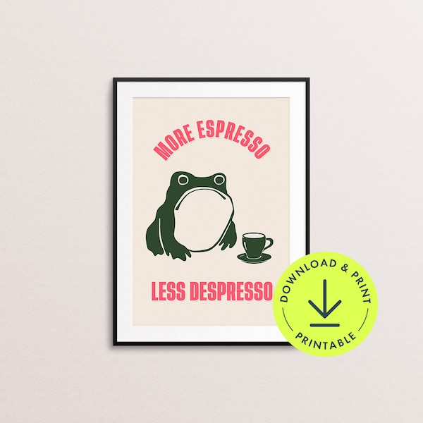 Funny kitchen coffee quote Poster Humorous printable Coffee Wall Art grumpy frog and coffee cup print trendy Kitchen humour decor retro art