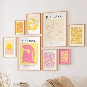 Lot de 8 décorations murales roses et jaunes, impression d'art abstrait moderne, affiche esthétique preppy imprimable, décoration florale pour dortoir pour étudiantes