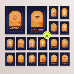 Conjunto de impresiones de cócteles retro descargables, 18 carteles de cócteles, idea de regalo de cóctel vintage, paquete de carrito de bar para el hogar, receta de cóctel clásico imprimible