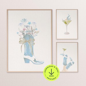 May include: Three printable wall art prints featuring a blue cowboy boot with a bouquet of blue and pink flowers, a martini glass with a green olive, and a pair of blue cowboy boots with a martini glass.