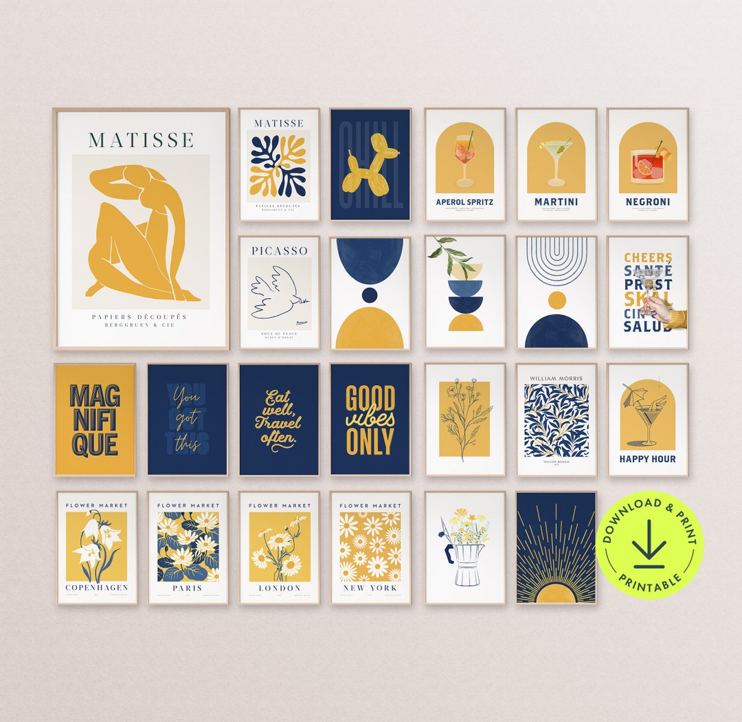 Navy Blue and Yellow Wall Art Bundle Printable Gallery Wall Set Yellow