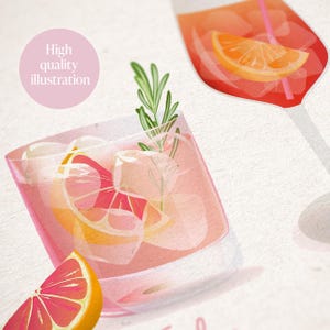 May include: A digital illustration featuring two cocktails with ice cubes and citrus slices. One is a pink drink in a rocks glass garnished with a rosemary sprig, and the other is an orange drink in a stemmed glass. Text reads High quality illustration.