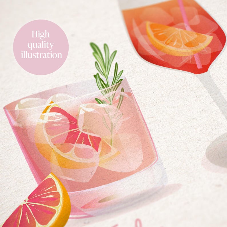May include: A digital illustration featuring two cocktails with ice cubes and citrus slices. One is a pink drink in a rocks glass garnished with a rosemary sprig, and the other is an orange drink in a stemmed glass. Text reads High quality illustration.