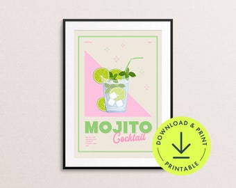 Mojito Cocktail poster retro college drinking decor for college girls preppy bar cart printable pink and green trendy wall art kitchen decor