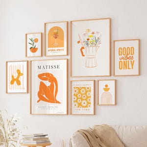 Pomarańczowa galeria ścienna zestaw 35 wydruków artystycznych do wydrukowania, plakat estetyczny, preppy, matisse, nadruk z kwiatami, pomarańczowy wystrój akademika, modny boho kwiatowy