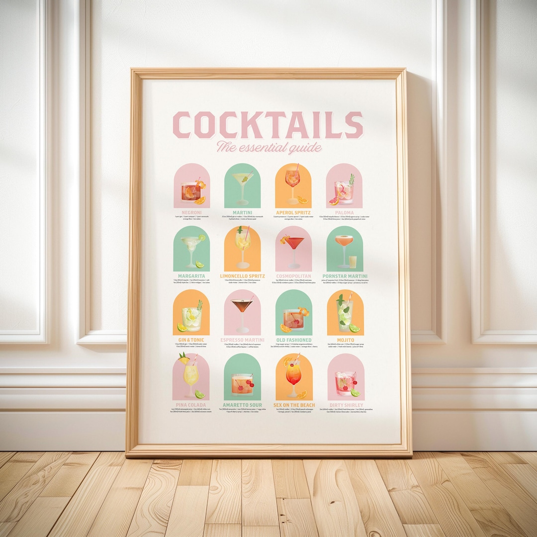 Classic Cocktail Recipe Art Print: Colorful Drink Guide (digital ...