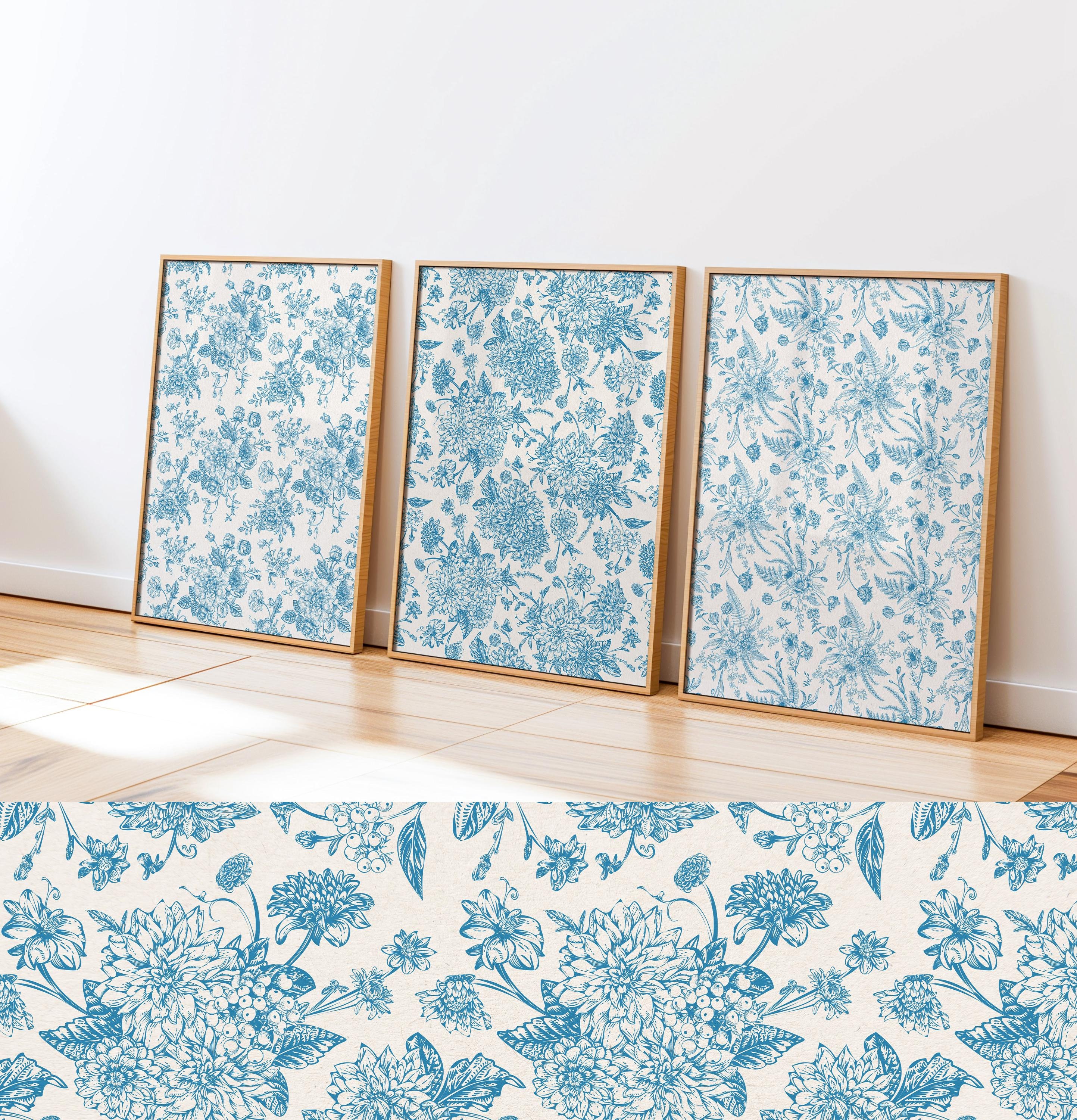 Blue Chinoiserie Floral Print Set: Vintage Botanical Wall Art (digital ...