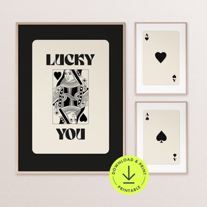 Spielkarte Wand Kunst Druck Galerie Wand 3er Set druckbare Retro Spielkarten Herzkönigin Trendy Bar Warenkorb Dekor Wohnheim Lucky You Poster