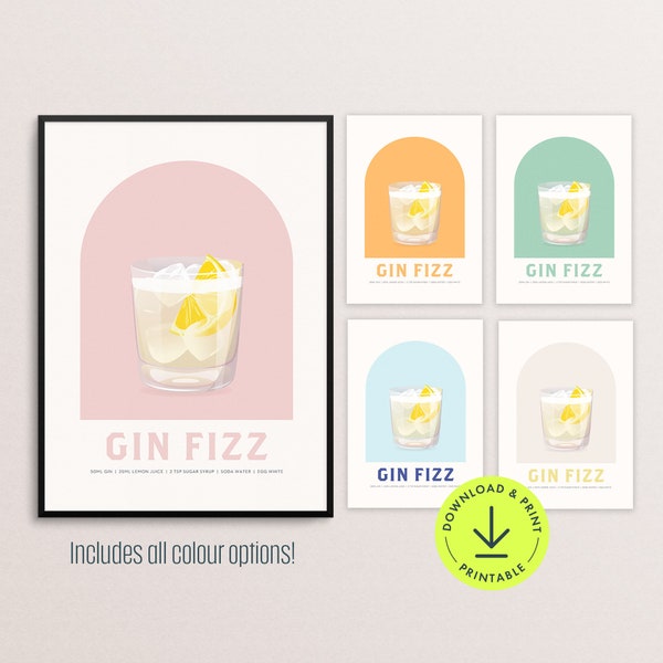 Gin Fizz Cocktail print Retro Cocktail wall art Gin Fizz Printable Cocktail Poster downloadable Kitchen drink Bar Cart decor trendy bar art