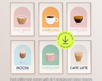 Set di stampe sui tipi di caffè: Galleria d'arte murale alla moda per la cucina (download digitale)